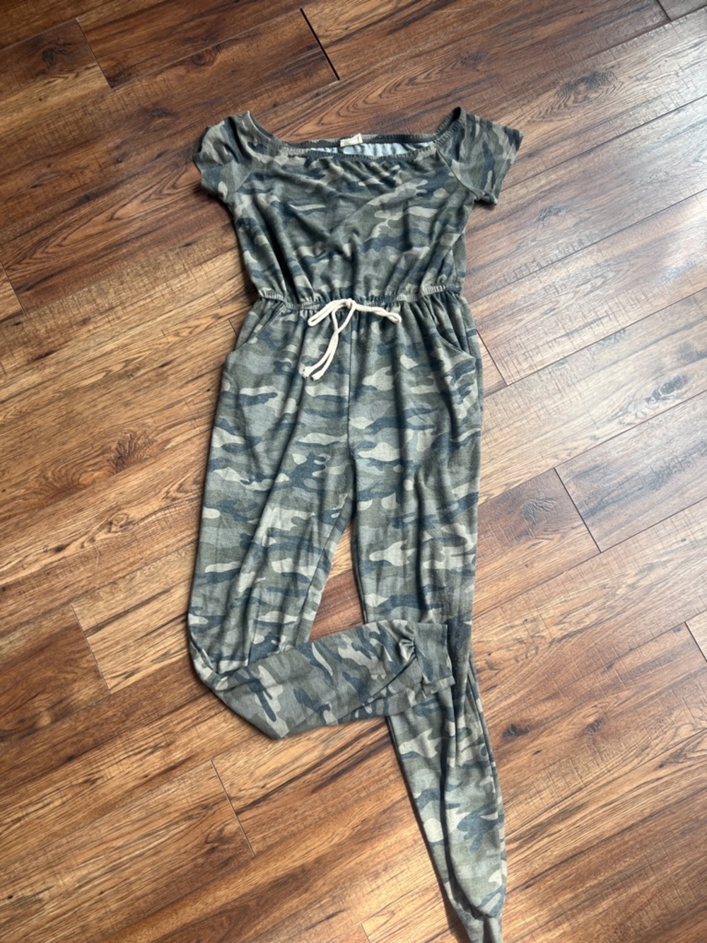 Lovely Melody Olive Camo Off-Shoulder Drawstring Jumpsuit